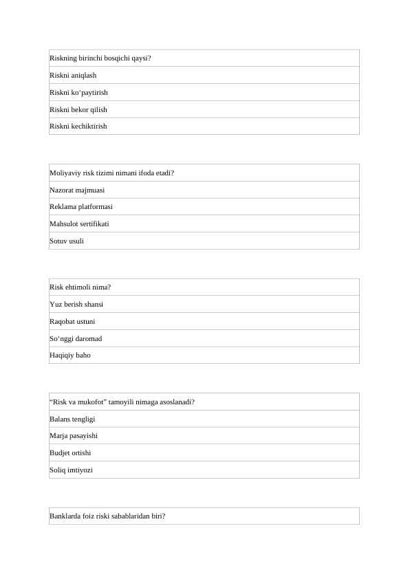 Risklarni boshqarish test