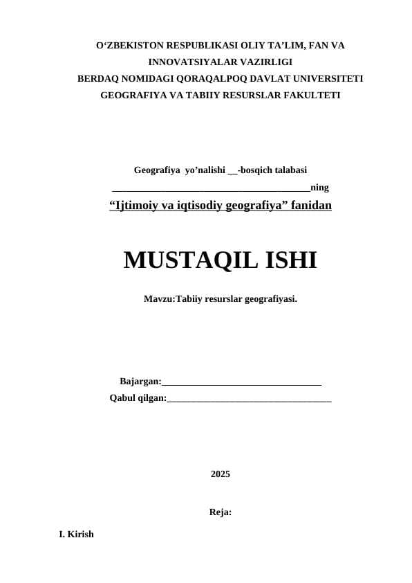 Tabiiy resurslar geografiyasi.