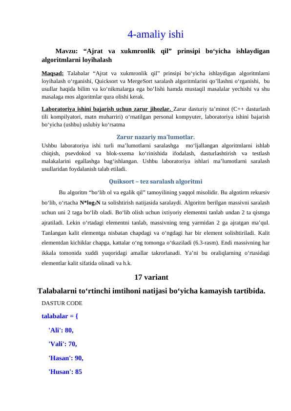 “Ajrat va xukmronlik qil” prinsipi bo‘yicha ishlaydigan algoritmlarni loyihalash