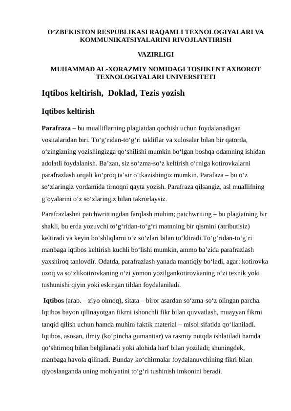 Iqtibos keltirish,  Doklad, Tezis yozish