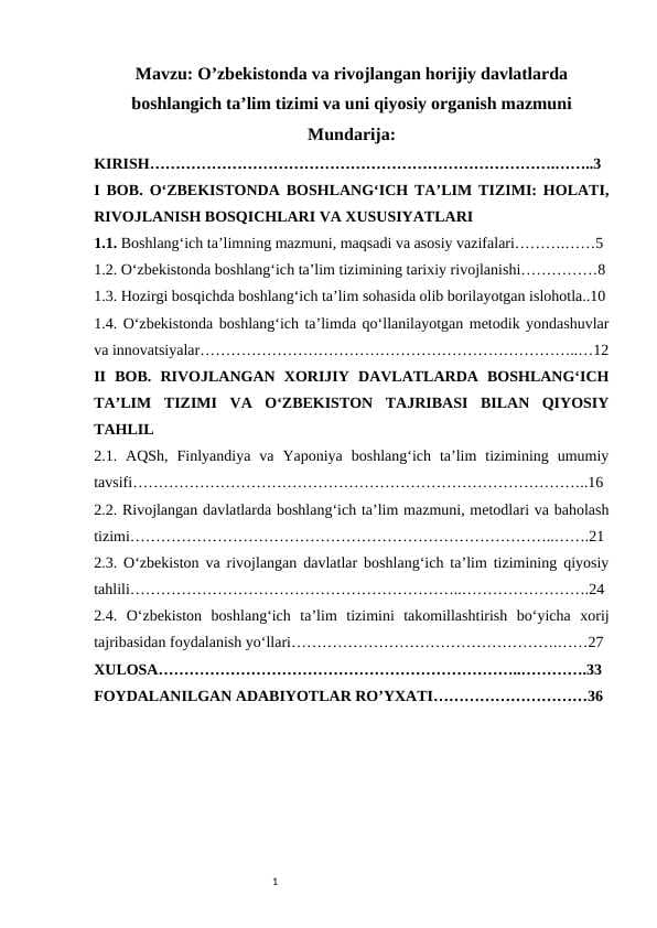 O’zbekistonda va rivojlangan horijiy davlatlarda boshlangich ta’lim tizimi va uni qiyosiy organish mazmuni