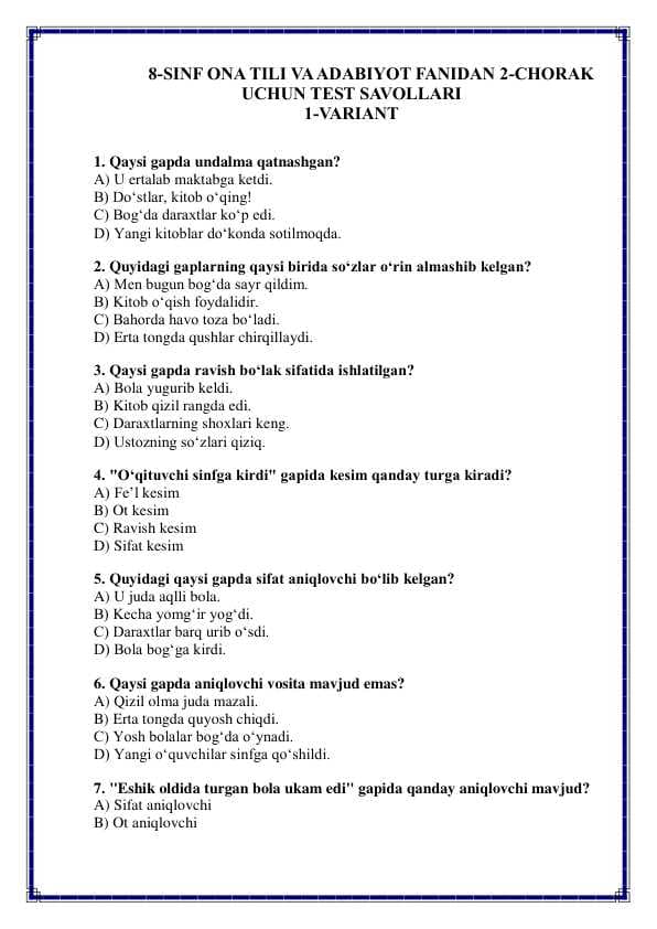 8-sinf Ona Tili va Adabiyotdan 2-chorak variantli Test Savollari