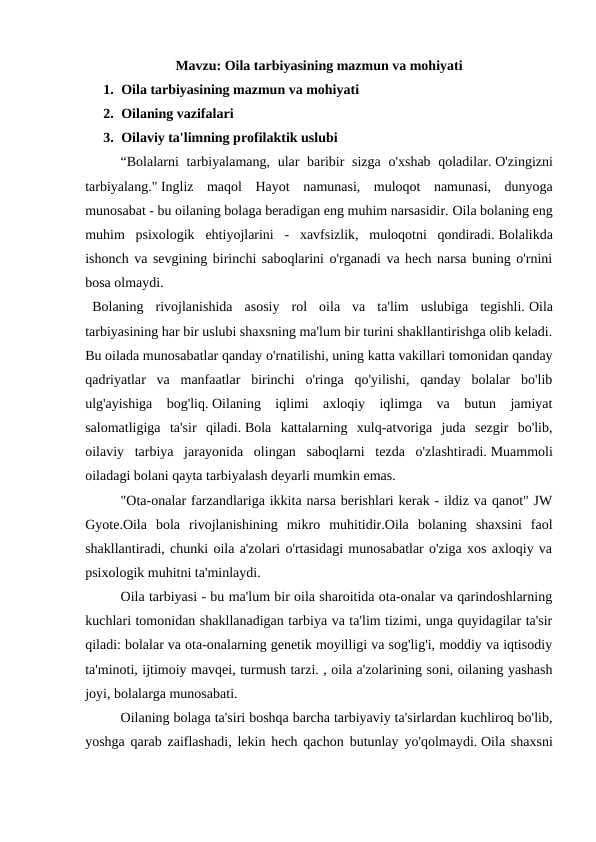 Oila tarbiyasining mazmun va mohiyati