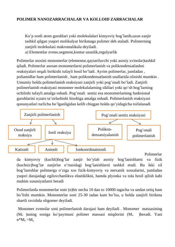 POLIMER NANOZARRACHALAR VA KOLLOID ZARRACHALAR
