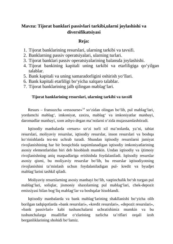 Tijorat banklari passivlari tarkibi, joylashishi va diversifikatsiyasi