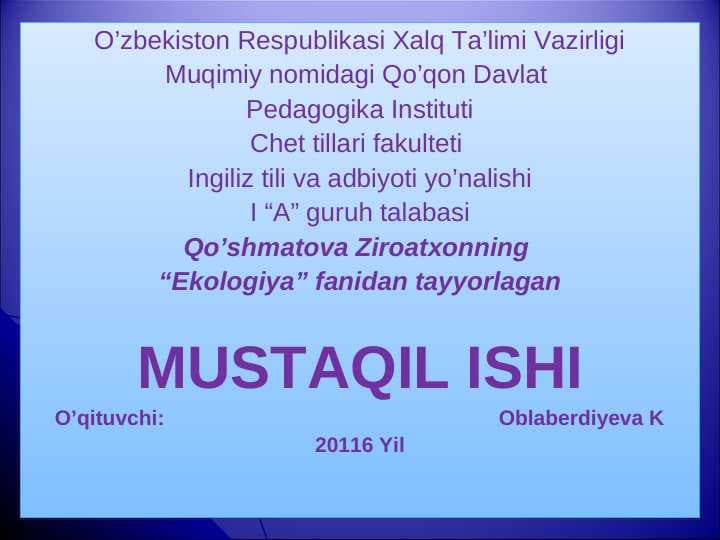 Ekologiya fanidan mustaqil ish