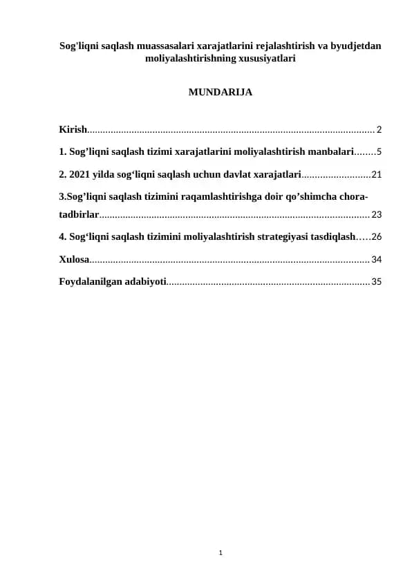 Sog'liqni saqlash muassasalari xarajatlarini rejalashtirish va byudjetdan moliyalashtirishning xususiyatlari