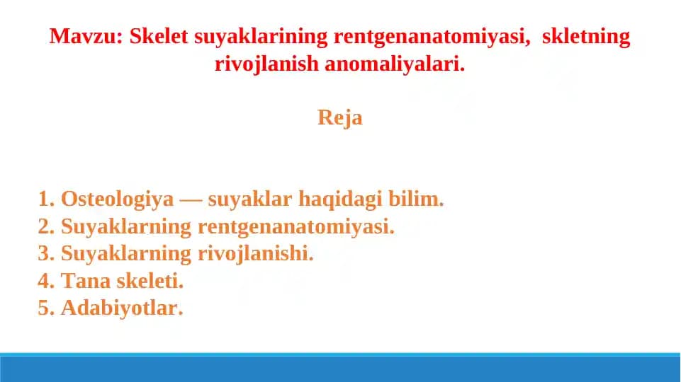 Skelet suyaklarining rentgenanatomiyasi,  skletning rivojlanish anomaliyalari. Taqdimot 16 bet