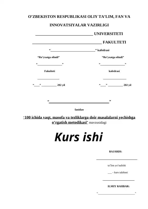100 ichida vaqt, masofa va tezliklarga doir masalalarni yechishga o’rgatish metodikasi