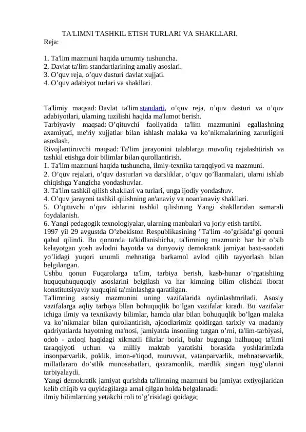 TA'LIMNI TASHKIL ETISH TURLARI VA SHAKLLARI
