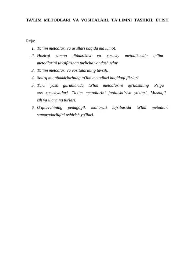 Ta'lim metodlari va vositalari haqida ma'lumot