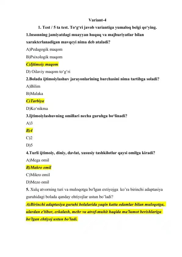 Bolalarni ijtimoiylahsuvi fanidan topshiriqlar va javoblar