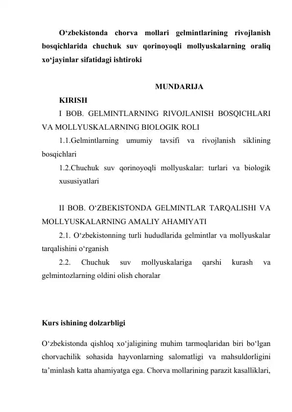 O‘zbekistonda chorva mollari gelmintlarining rivojlanish bosqichlarida chuchuk suv qorinoyoqli mollyuskalarning oraliq xo‘jayinlar sifatidagi ishtiroki