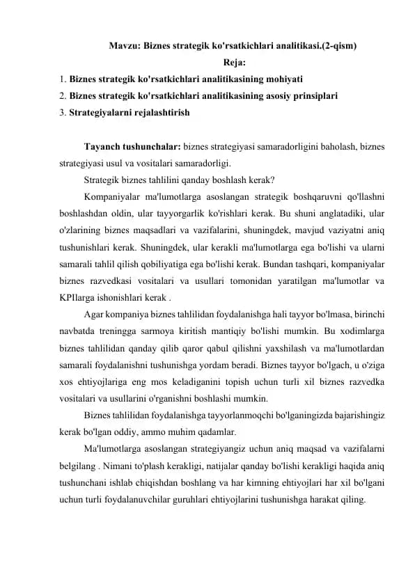 Biznes strategik ko'rsatkichlari analitikasi