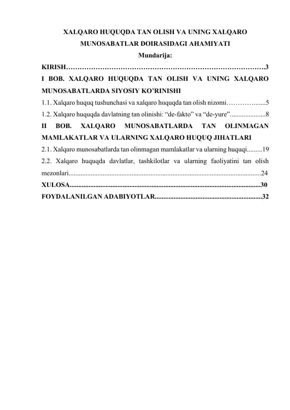 XALQARO HUQUQDA TAN OLISH VA UNING XALQARO MUNOSABATLAR DOIRASIDAGI AHAMIYATI