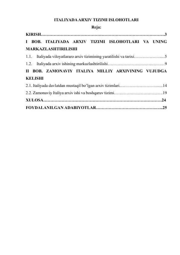 ITALIYADA ARXIV TIZIMI ISLOHOTLARI