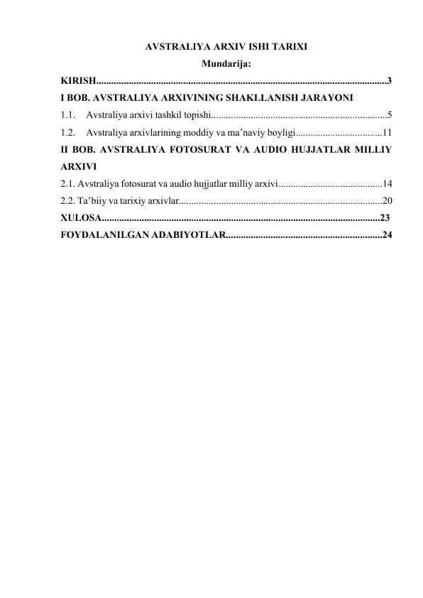AVSTRALIYA ARXIV ISHI TARIXI
