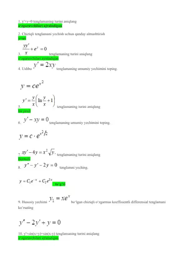 differensial tenglamalar yakunioy x variant