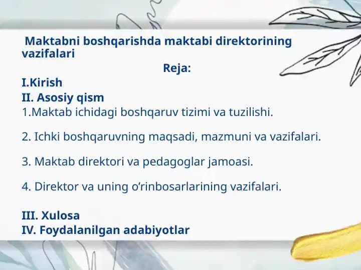 Maktabni boshqarishda maktabi direktorining vazifalari