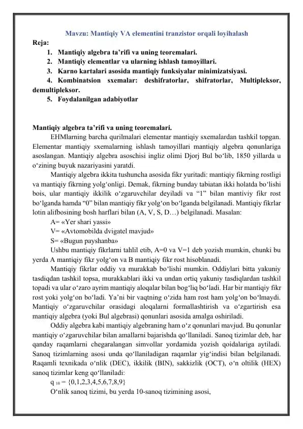 Mantiqiy VA elementini tranzistor orqali tushuntirish