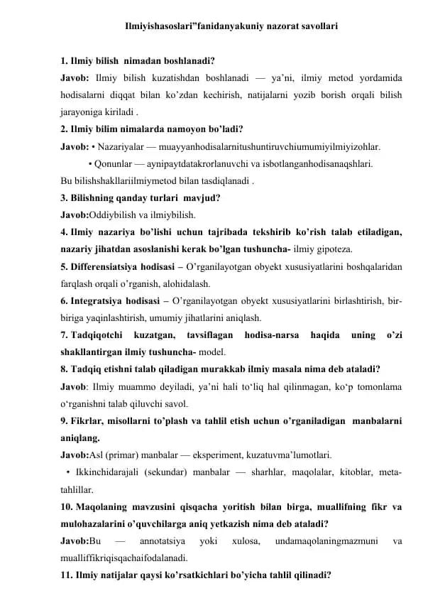 Ilmiy ish asoslari javoblar