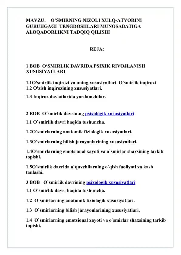 O’SIRNING NIZOLI XULQ-ATVORINI GURUHGAGI TENGDOSHLARI MUNOSABATIGA ALOQADORLIKNI TADQIQ QILISHI