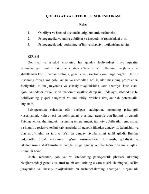 QOBILIYAT VA ISTEDOD PSIXOGENETIKASI