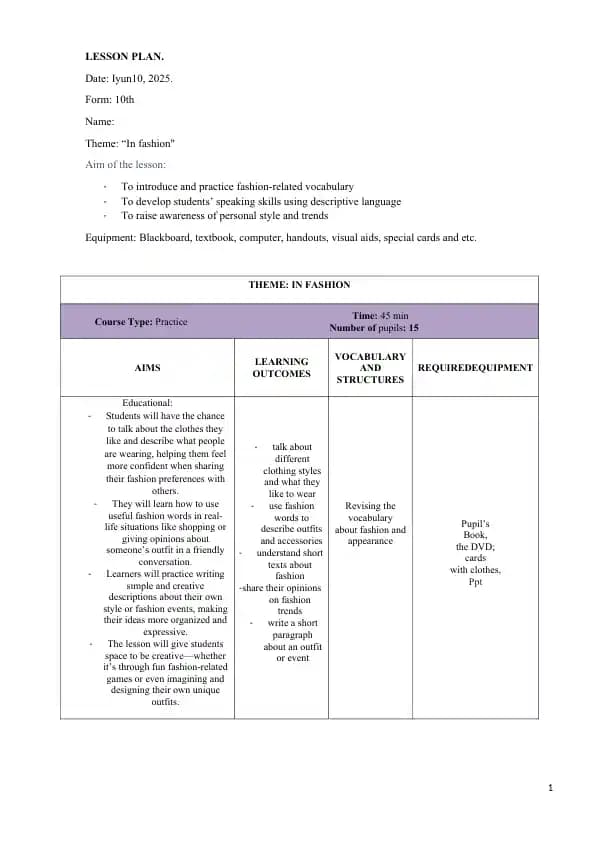 IN FASHION LESSON PLAN