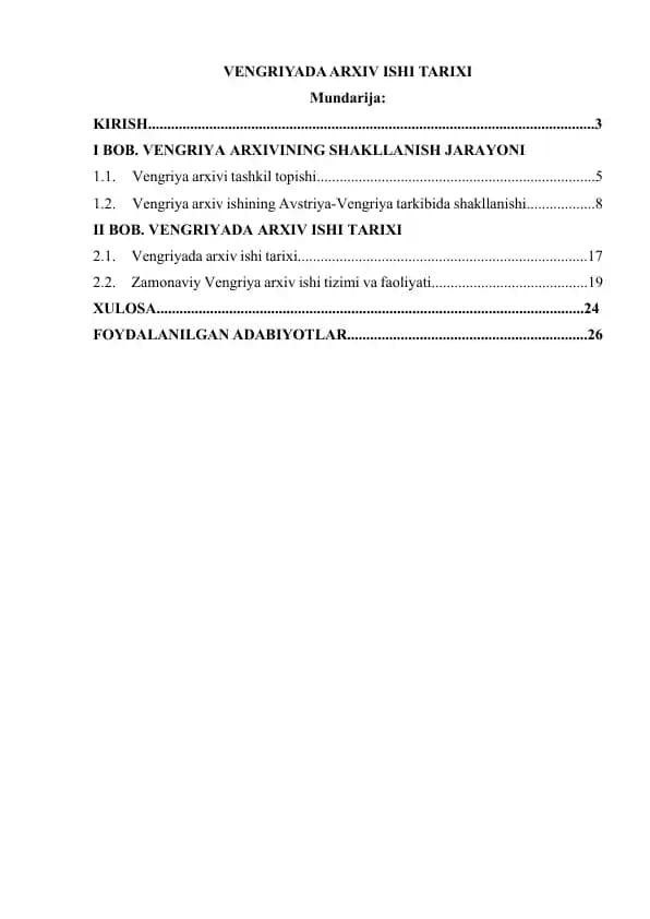 VENGRIYADA ARXIV ISHI TARIXI