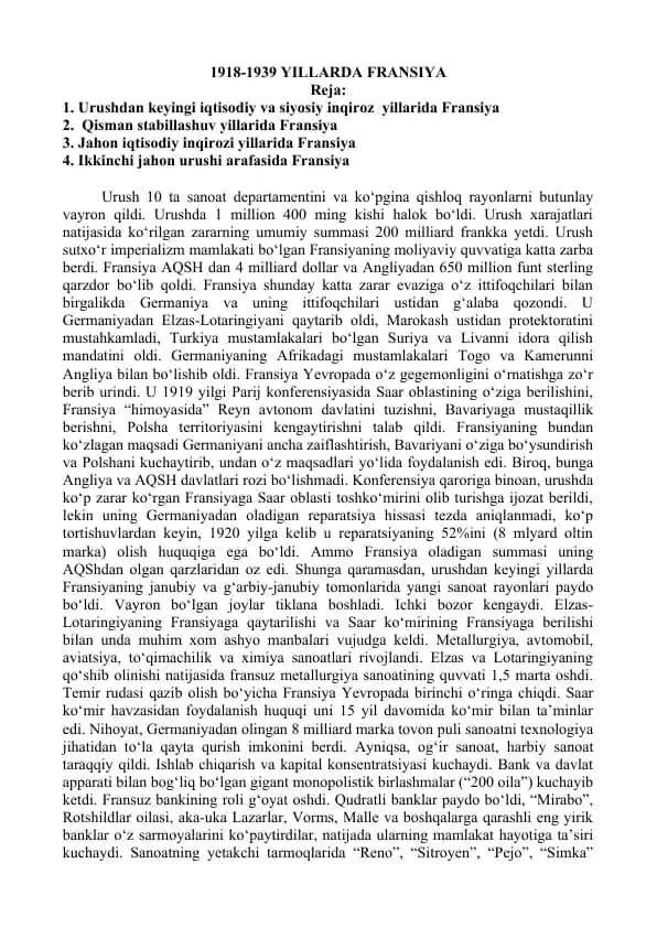1918-1939 YILLARDA FRANSIYA