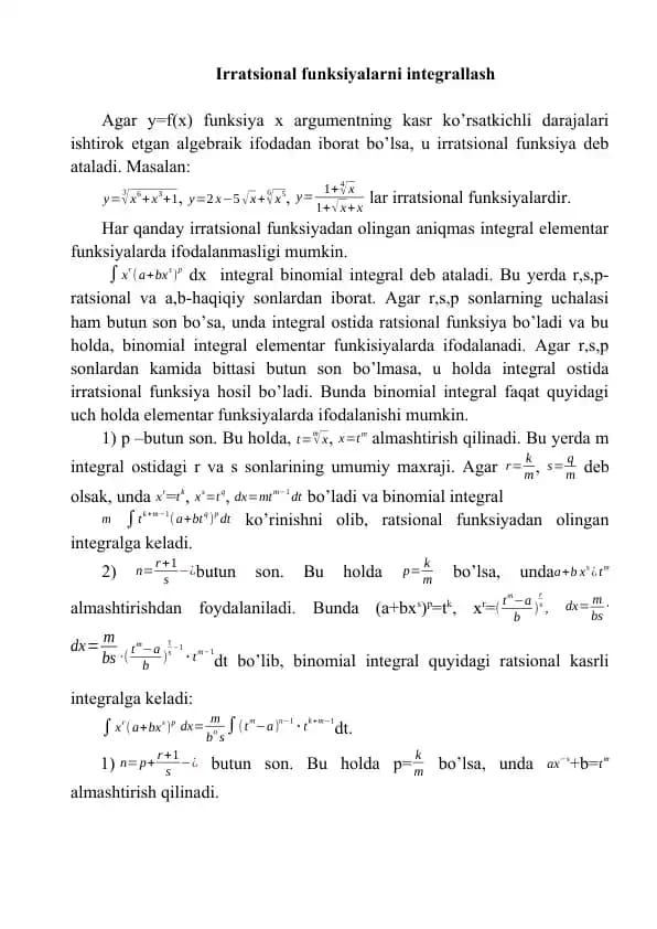Irratsional funksiyalarni integrallash