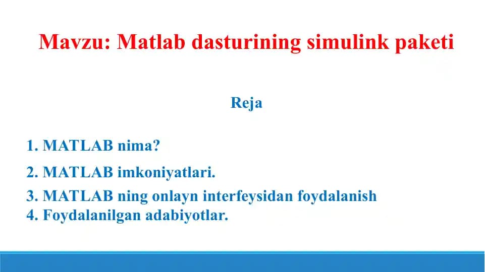MATLAB dasturining simulink paketi. Taqdimot 20 bet.
