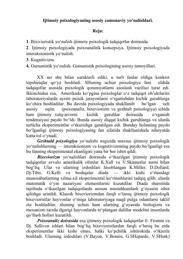 Ijtimoiy psixologiyaning asosiy zamonaviy yo‘nalishlari