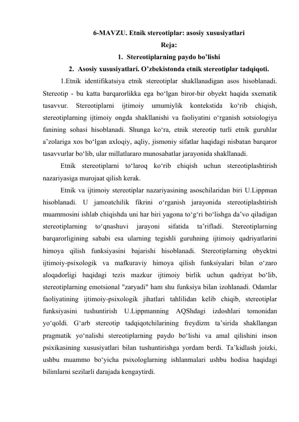 Etnik stereotiplar: asosiy xususiyatlari