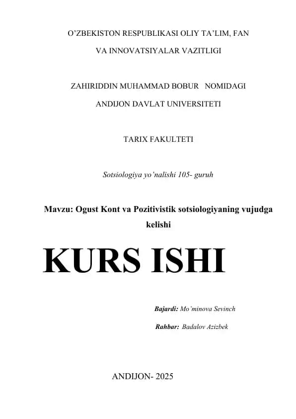 Ogust Kont va Pozitivistik sotsiologiyaning vujudga kelishi