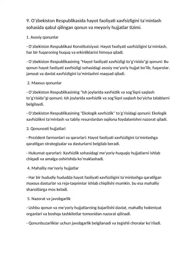 O‘zbekiston Respublikasida hayot faoliyati xavfsizligini ta’minlash sohasida qabul qilingan qonun va meyoriy hujjatlar tizimi