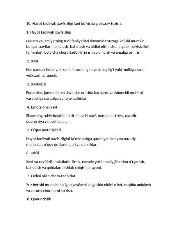Hayot faoliyati xavfsizligi fani bo‘yicha glossariy