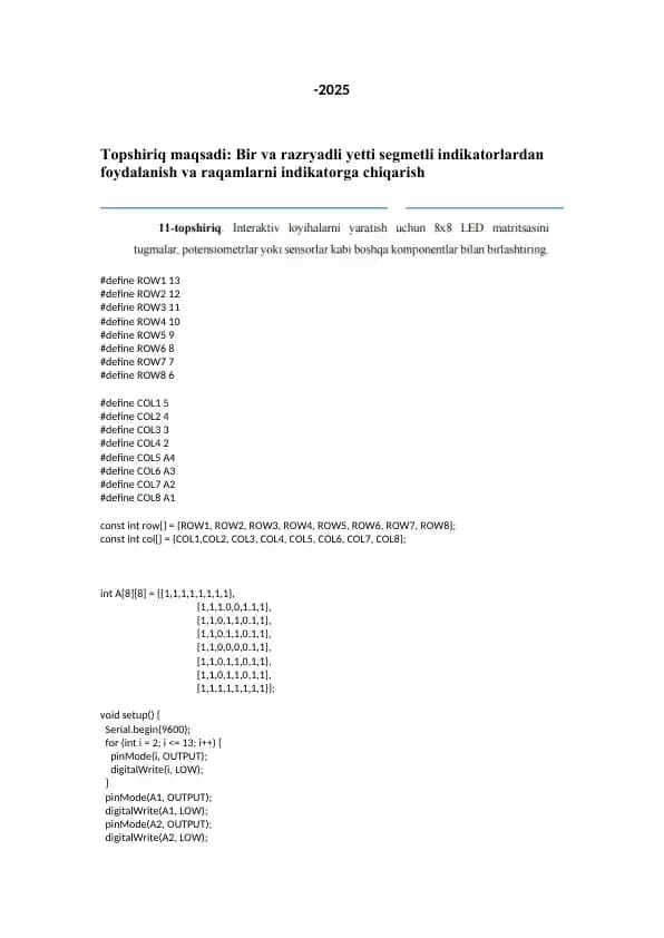 Bir va razryadli yetti segmetli indikatorlardan foydalanish va raqamlarni indikatorga chiqarish