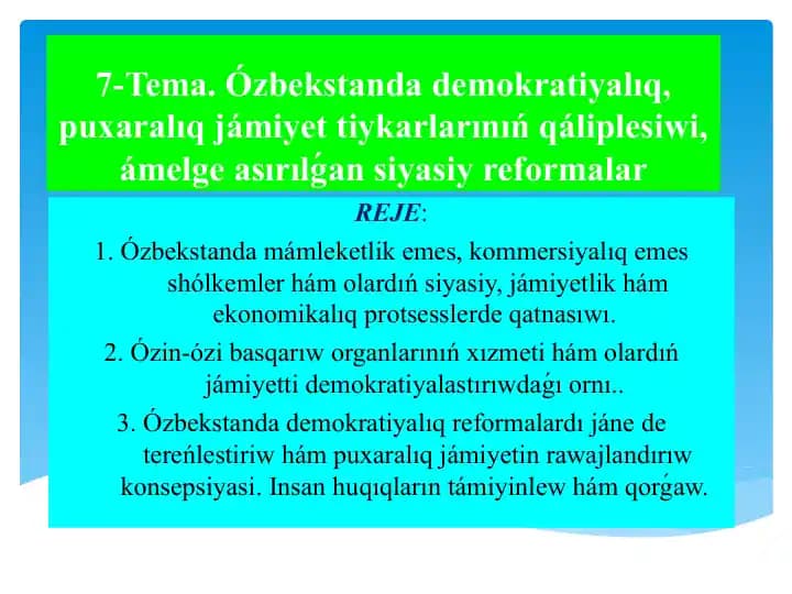 Ózbekstanda demokratiyalıq, puxaralıq jámiyet tiykarlarınıń qáliplesiwi, ámelge asırılǵan siyasiy reformalar