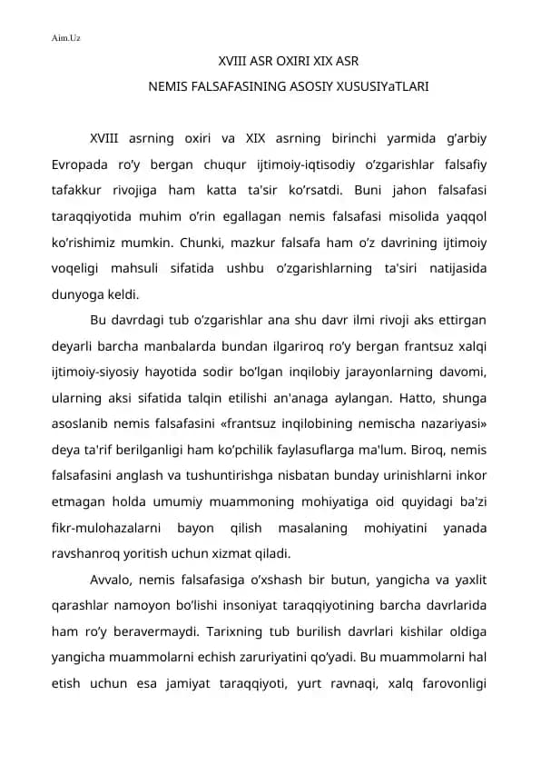 XVIII ASR OXIRI XIX ASR NЕMIS FALSAFASINING ASOSIY XUSUSIYaTLARI