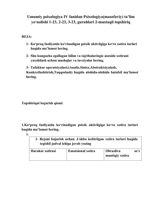 Umumiy psixologiya 4. 2-mustaqil topshiriq