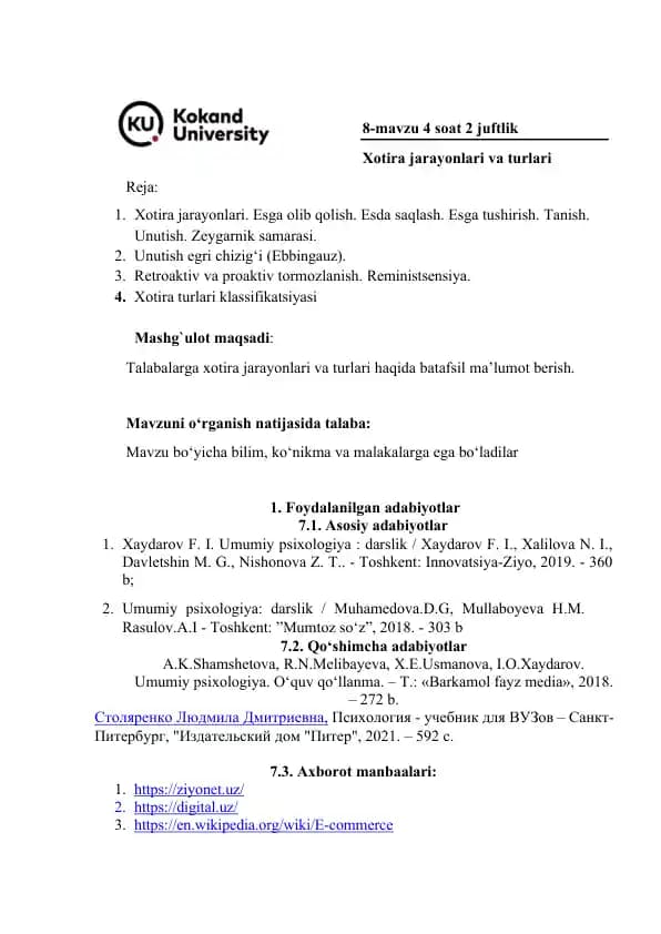 Xotira jarayonlari va turlari (8-mavzu maruza matni)