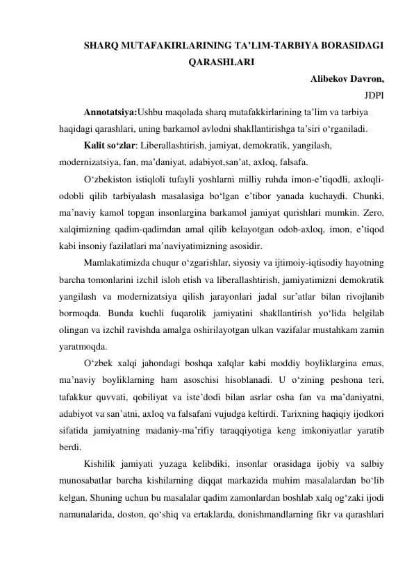 SHARQ MUTAFAKIRLARINING TA’LIM-TARBIYA BORASIDAGI QARASHLARI