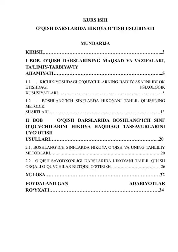 O’QISH DARSLARIDA HIKOYA O’TISH USLUBIYATI