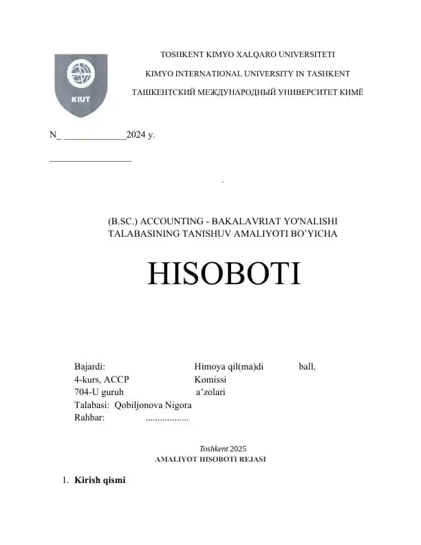AMALIYOT HISOBOTI. 1	Tashkilot nomi	"GIGANT BUXGALTER" MCHJ
