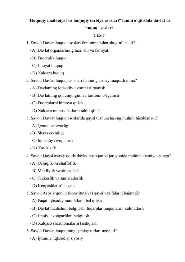Test - Huquqiy madaniyat va huquqiy tarbiya asoslari