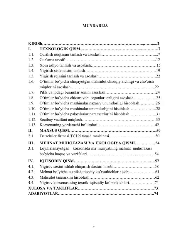 620 art. Gazlamaning arqoq ipi ishlab chiqarish uchun “Trutzschler” firmasi uskunalari bilan jihozlangan quvvati 25000 urchuq bo’lgan yigirish korxonasining texnologik ko’rsatkichlarini loyihalash