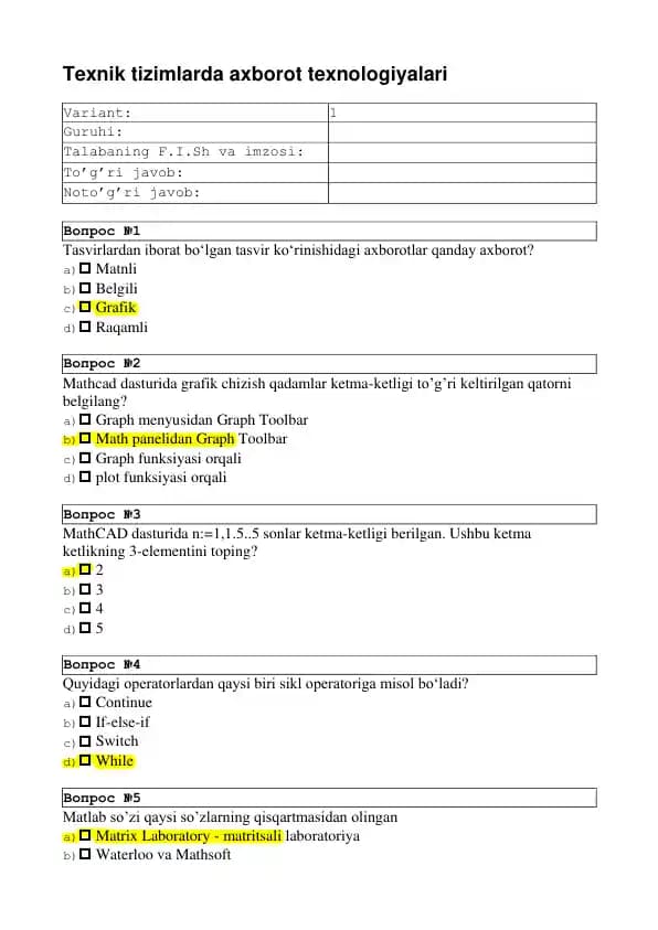 Texnik tizimlarda axborot texnologiyalari test savollar javoblari bilan