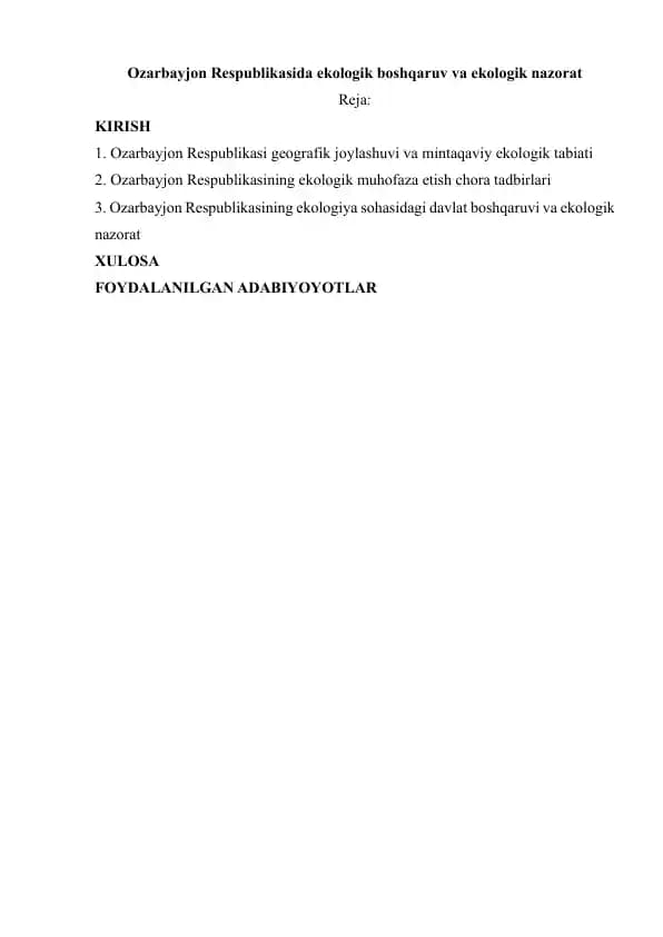 Ozarbayjon Respublikasida ekologik boshqaruv va ekologik nazorat