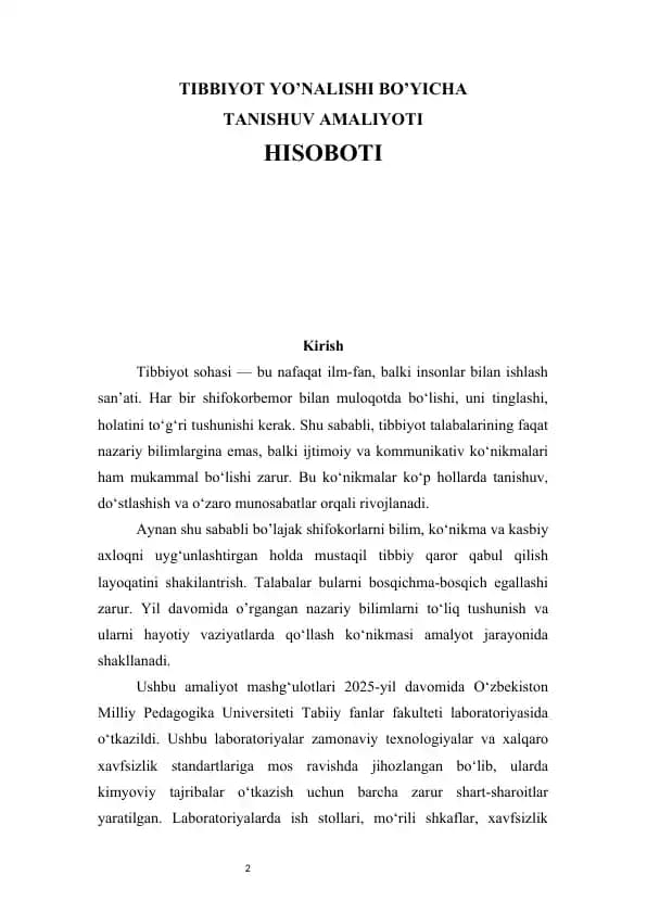 Tibbiyot (stomatologiya) bo'yicha tanishuv amaliyot hisoboti